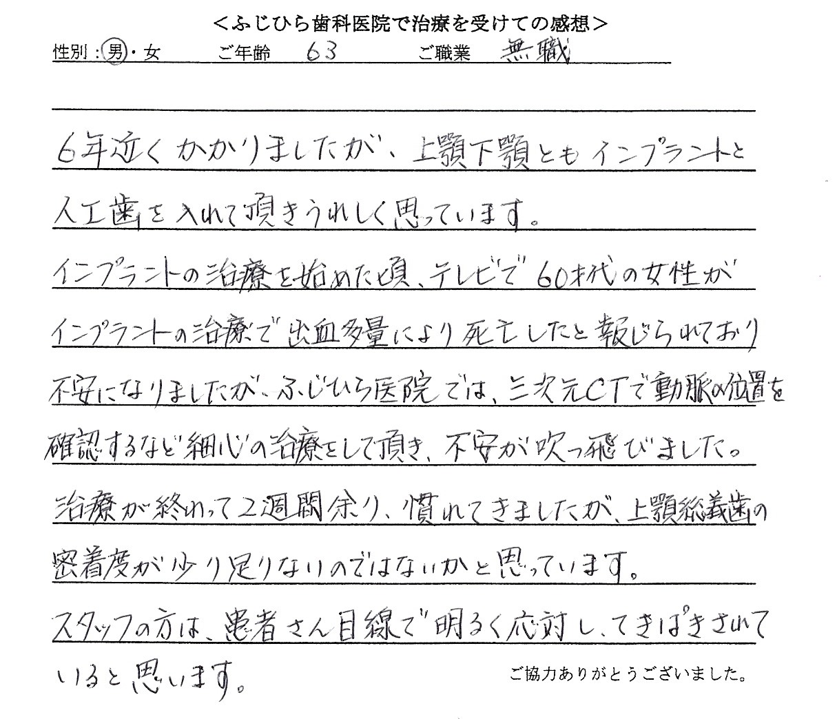 63歳　男性 インプラント治療　チタン床義歯